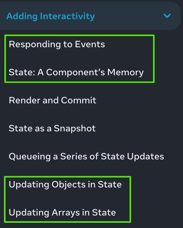 Теми розділу Adding Interactivity довідки React.js